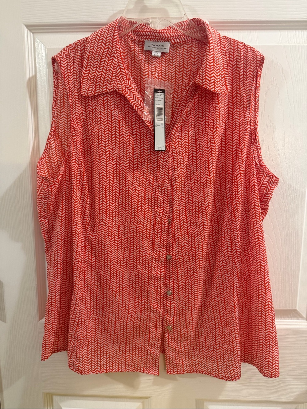 Tahari Red and White Sleeveless Button-Front Collared Blouse